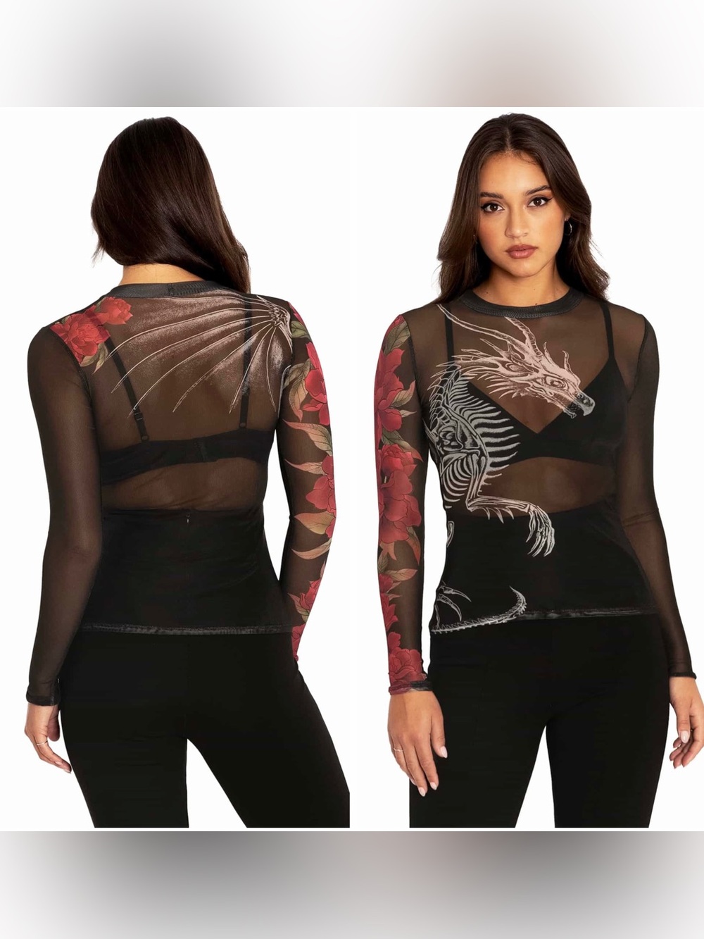 BlackMilk Skeletal Dragon Sheer High Neck Long Sleeve Top